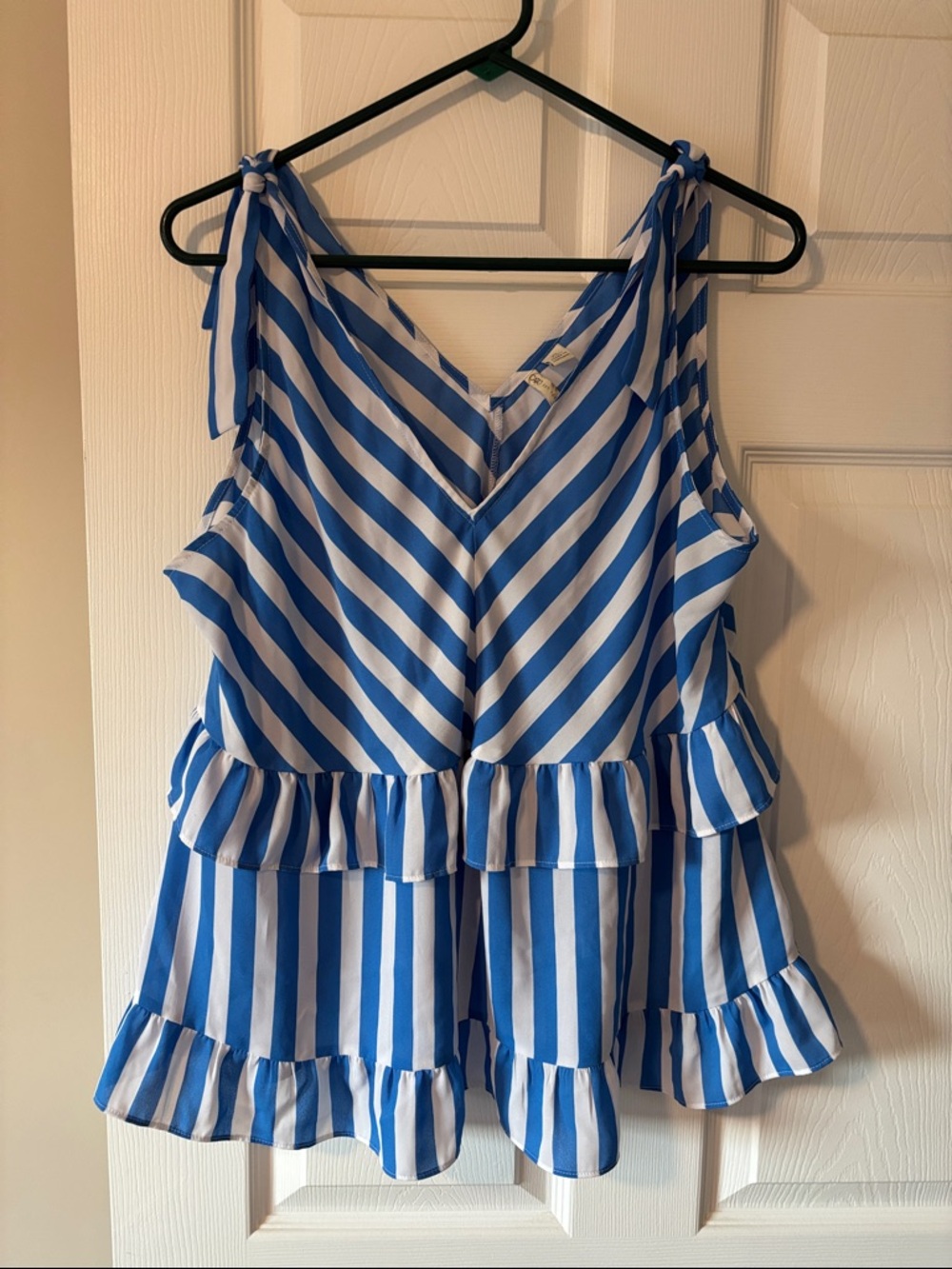 Cato Blue and White Striped Tiered Tie-Shoulder Tank